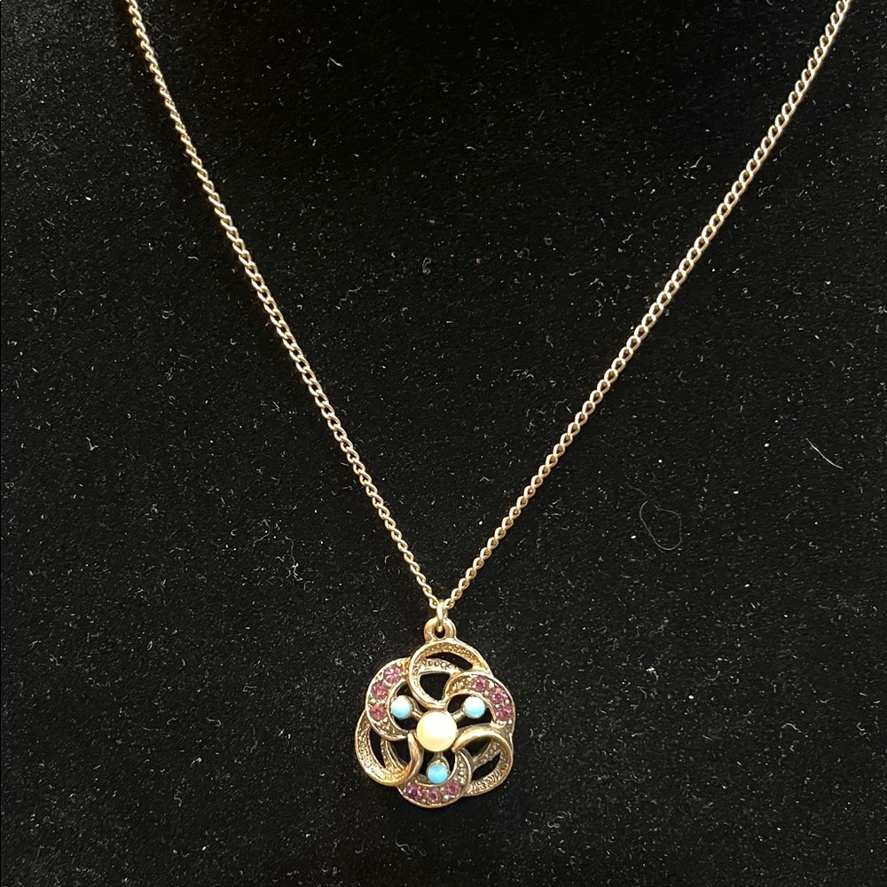 Vintage Signed Emmons GoldenOpenwork Pendant Necklace- Pearl,Multi-Stone Accents